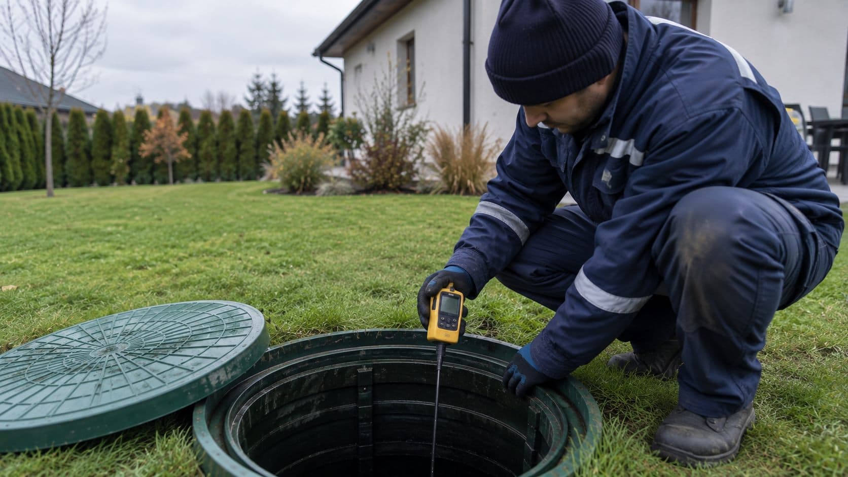 Inspekční kamera spouštěná do šachty nádrže s náhledem na monitoru